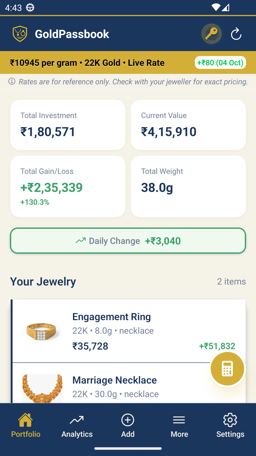 Dashboard Overview - Portfolio summary and real-time gold rates